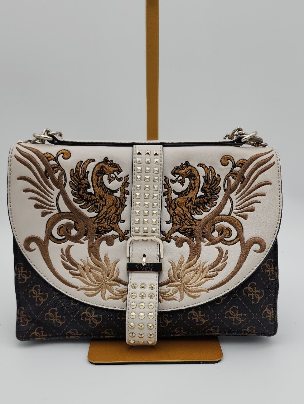 GUESS White Shoulder‎ Bag with Tan Embroidered Accents and Silver Hardware